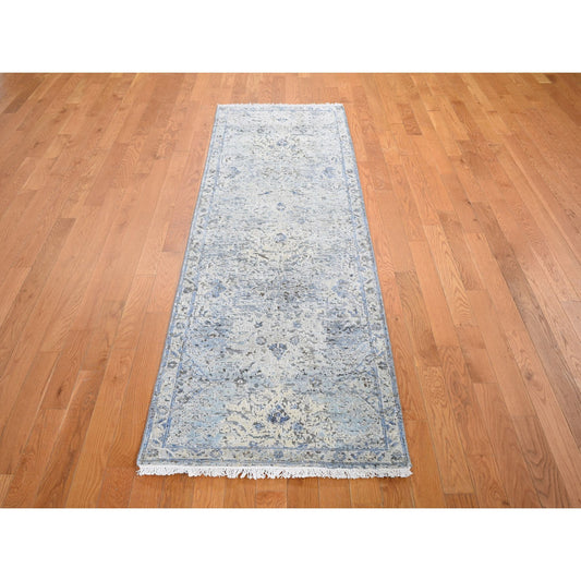 Transitional Wool & Silk Hand Knotted Rug Blue No Border 2.5X8.0 -O059171