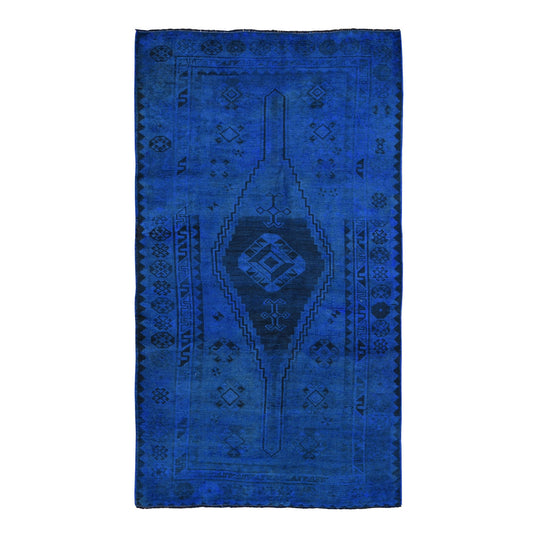 Overdyed & Vintage Worn Wool Hand Knotted Rug Blue No Border 5.0X10.0 -O059185