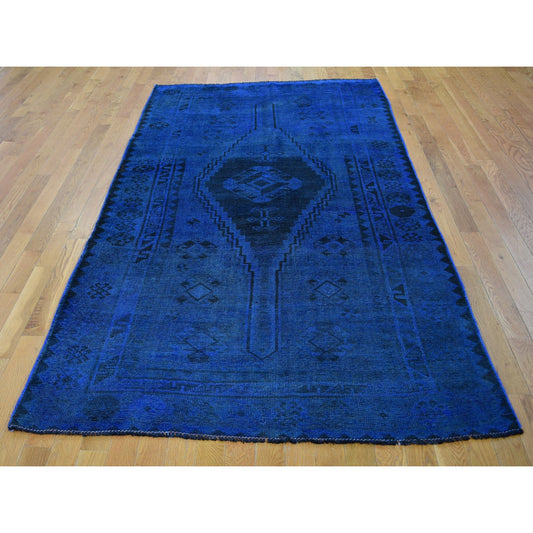 Overdyed & Vintage Worn Wool Hand Knotted Rug Blue No Border 5.0X10.0 -O059185