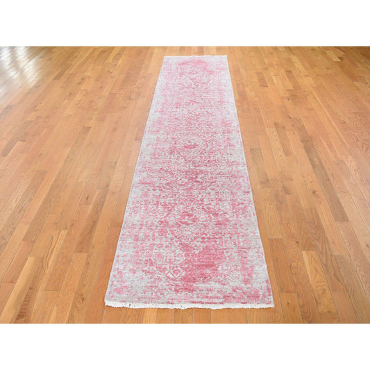Transitional Wool & Silk Hand Knotted Rug Pink No Border 2.8X11.10 -O059204