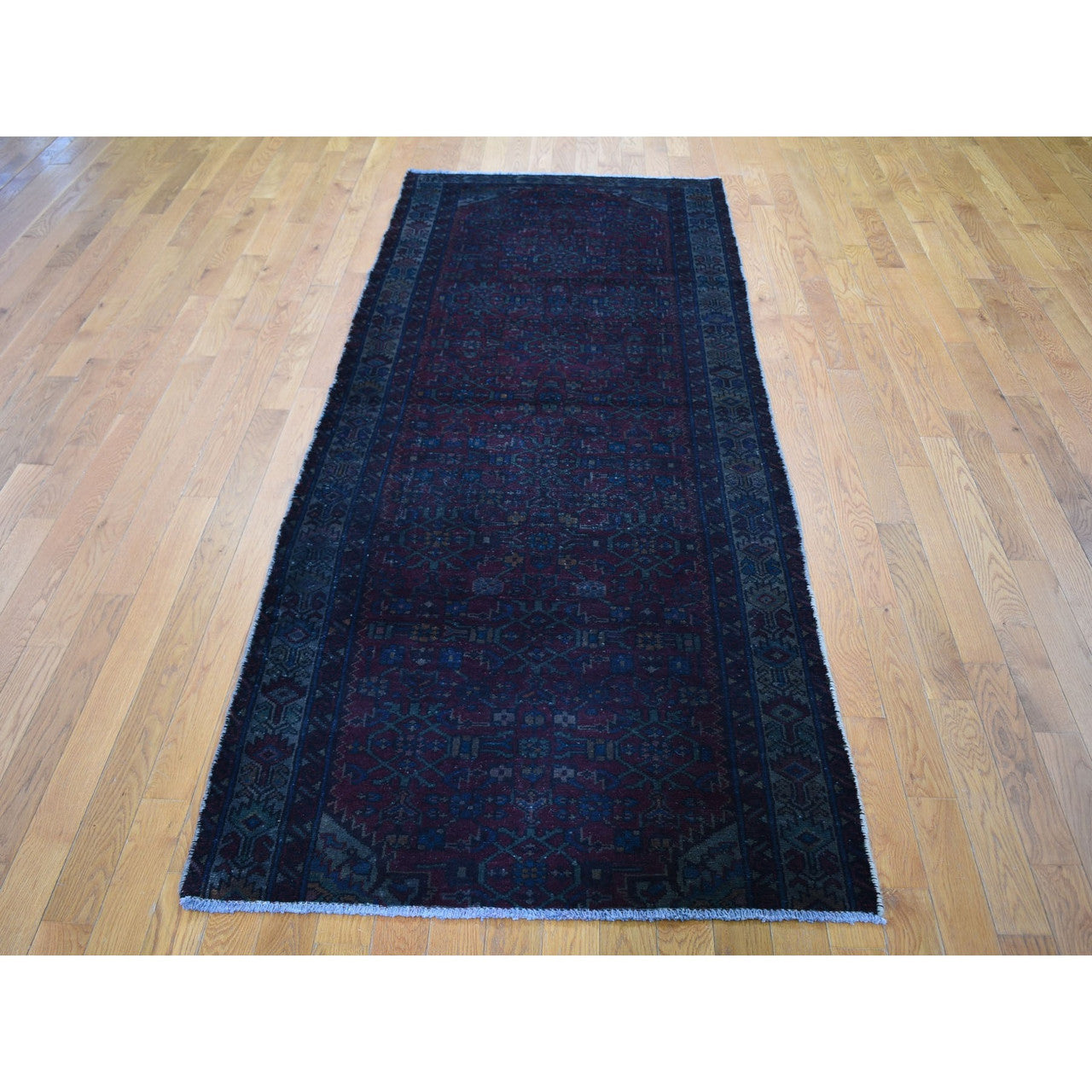 Overdyed & Vintage Worn Wool Hand Knotted Rug Red No Border 3.6X9.1 -O059210