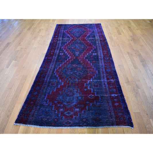 Overdyed & Vintage Worn Wool Hand Knotted Rug Red Red 4.1X10.0 -O059211