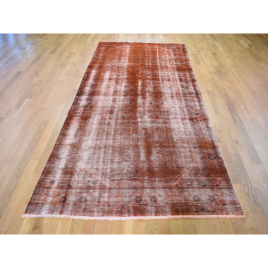 Overdyed & Vintage Worn Wool Hand Knotted Rug Orange No Border 5.0X11.2 -O059214