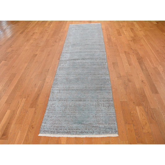 Transitional Wool & Silk Hand Knotted Rug Blue No Border 2.8X11.9 -O059218