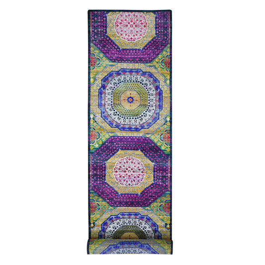 Mamluk Silk Hand Knotted Rug Yellow No Border 3.2X17.5 -O059235