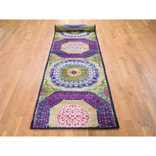 Mamluk Silk Hand Knotted Rug Yellow No Border 3.2X17.5 -O059235