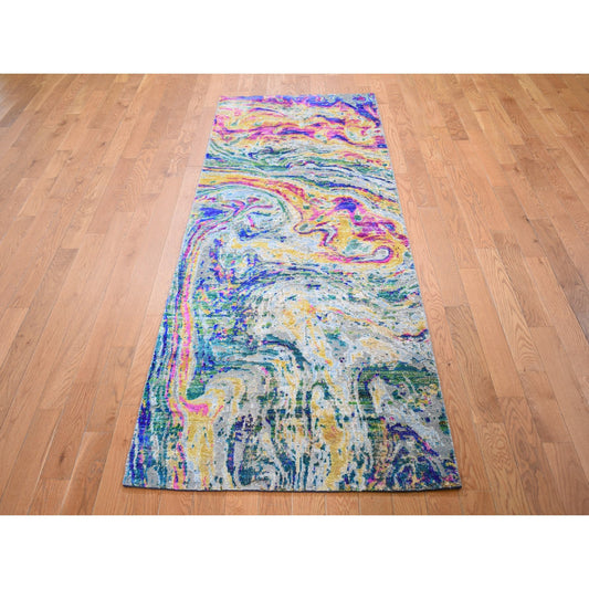 Modern and Contemporary Wool & Sari Silk Hand Knotted Rug Yellow No Border 2.10X8.2 -O059239