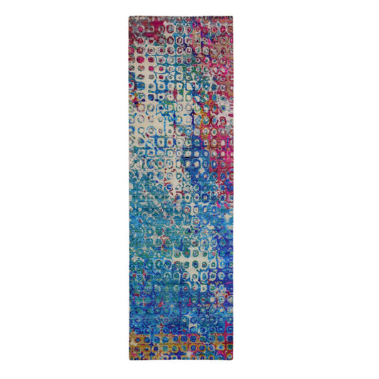 Transitional Wool & Sari Silk Hand Knotted Rug Blue No Border 3.0X10.1 -O059241