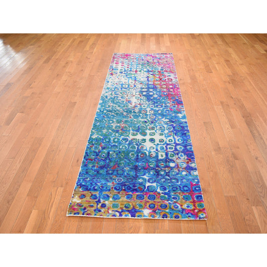 Transitional Wool & Sari Silk Hand Knotted Rug Blue No Border 3.0X10.1 -O059241
