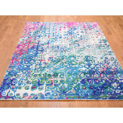Transitional Wool & Sari Silk Hand Knotted Rug Blue No Border 5.0X7.3 -O059244