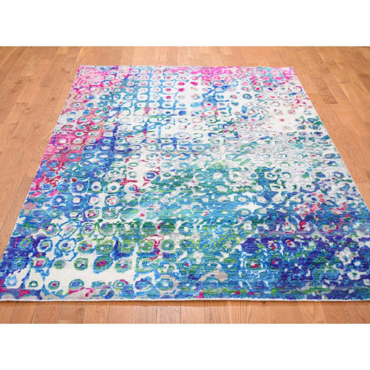 Transitional Wool & Sari Silk Hand Knotted Rug Blue No Border 5.0X7.3 -O059244
