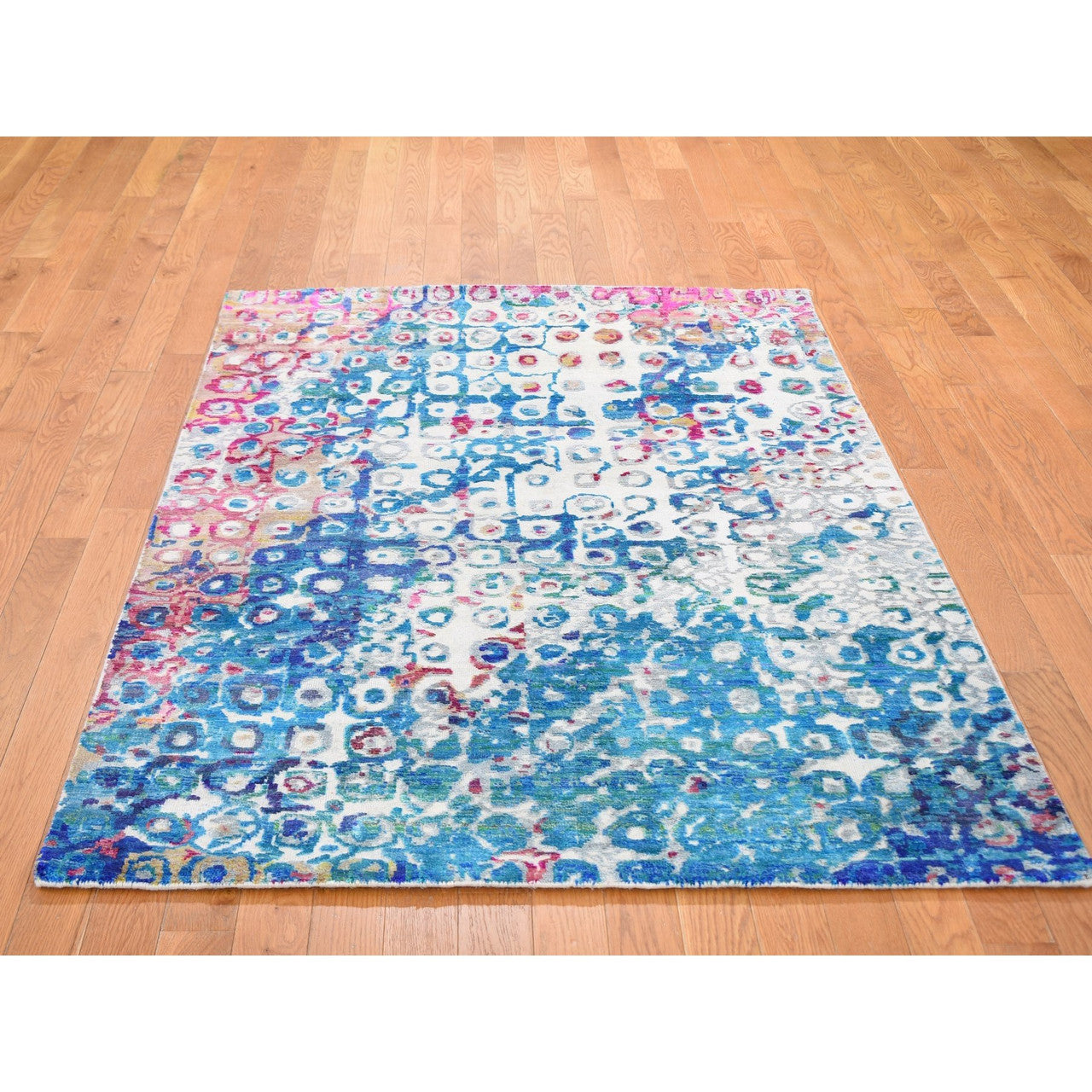 Transitional Wool & Sari Silk Hand Knotted Rug Blue No Border 4.0X6.1 -O059245