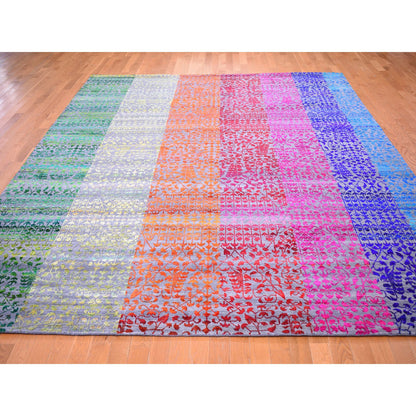 Modern and Contemporary Wool & Sari Silk Hand Knotted Rug Pink No Border 9.0X12.1 -O059250