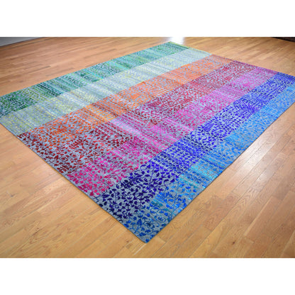 Modern and Contemporary Wool & Sari Silk Hand Knotted Rug Pink No Border 9.0X12.1 -O059250
