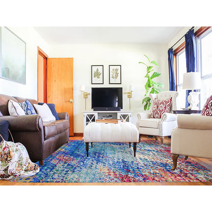 Transitional Wool & Sari Silk Hand Knotted Rug Blue No Border 9.0X12.0 -O059252