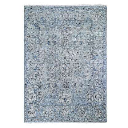 Transitional Wool & Silk Hand Knotted Rug Blue No Border 8.10X12.0 -O059255
