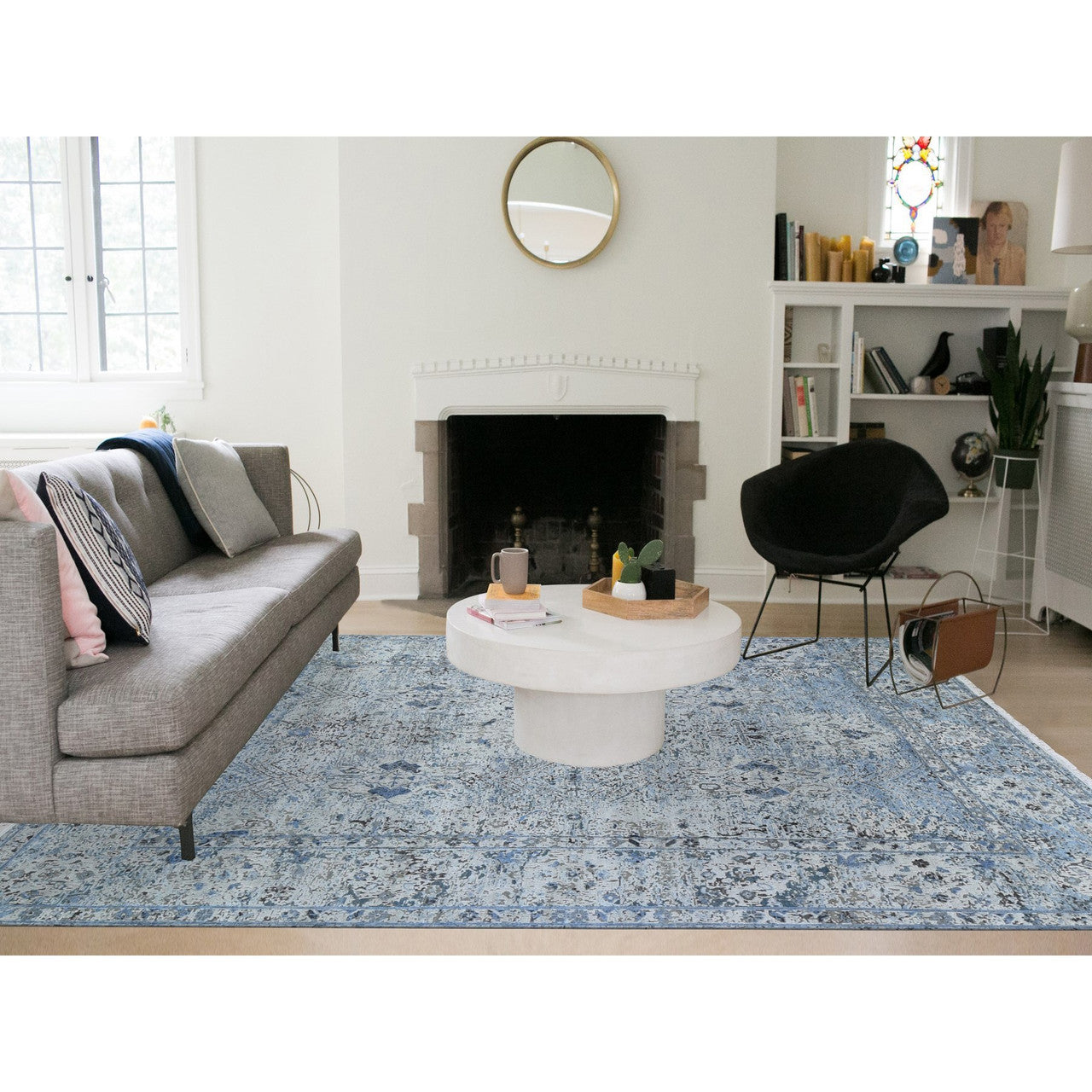 Transitional Wool & Silk Hand Knotted Rug Blue No Border 8.10X12.0 -O059255