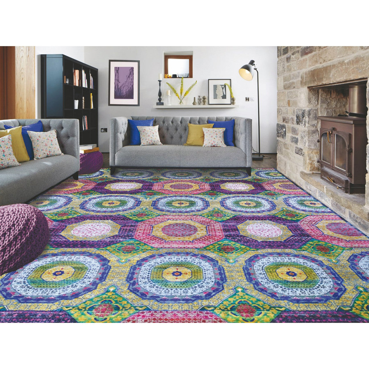Mamluk Wool & Sari Silk Hand Knotted Rug Yellow No Border 12.0X15.3 -O059263