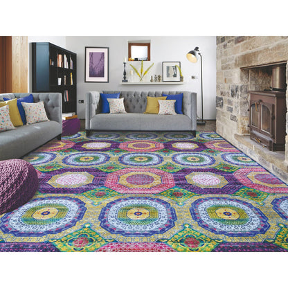 Mamluk Wool & Sari Silk Hand Knotted Rug Yellow No Border 12.0X15.3 -O059263