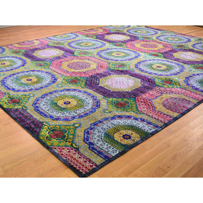 Mamluk Wool & Sari Silk Hand Knotted Rug Yellow No Border 12.0X15.3 -O059263