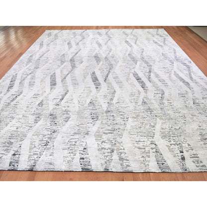 Modern and Contemporary Wool & Silk Hand Knotted Rug Ivory No Border 11.10X15.2 -O059268