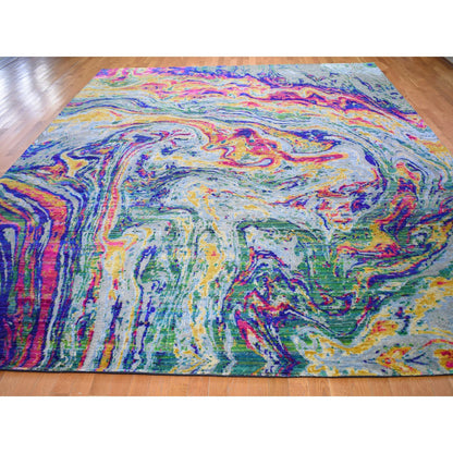 Modern and Contemporary Wool & Silk Hand Knotted Rug Yellow No Border 11.7X14.5 -O059270