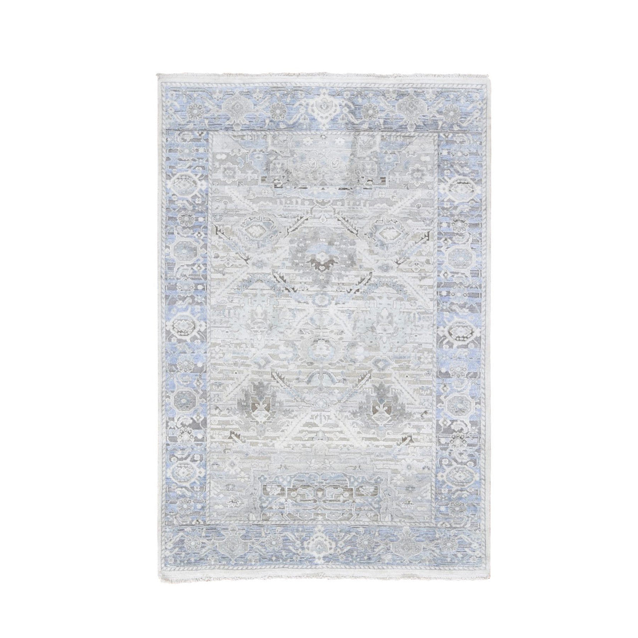 Oushak And Peshawar Wool & Silk Hand Knotted Rug Ivory Silver Blue 4.0X6.2 -O059275