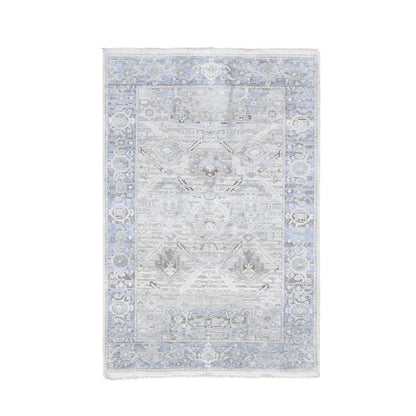 Oushak And Peshawar Wool & Silk Hand Knotted Rug Ivory Silver Blue 4.0X6.2 -O059275