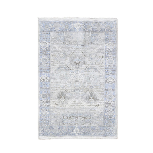Oushak And Peshawar Wool & Silk Hand Knotted Rug Ivory Silver Blue 4.0X6.2 -O059275