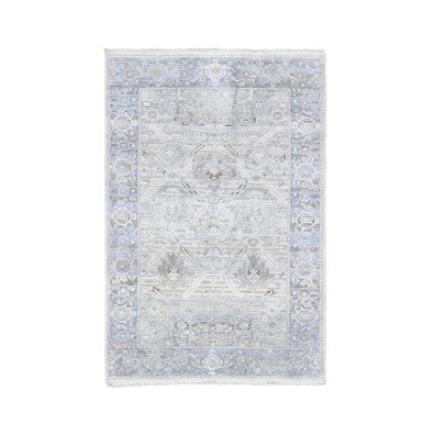 Oushak And Peshawar Wool & Silk Hand Knotted Rug Ivory Silver Blue 4.0X6.2 -O059275