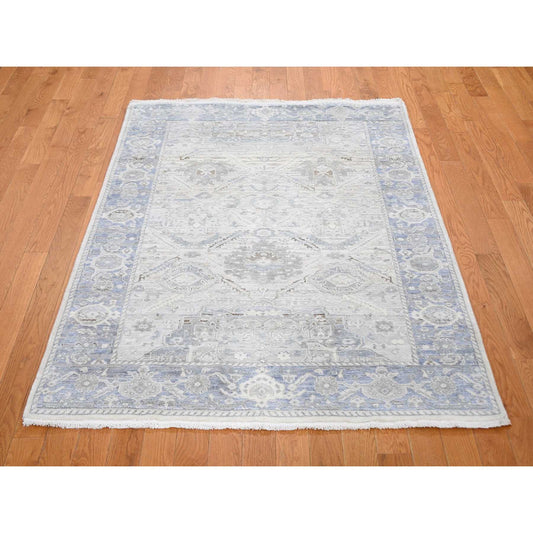 Oushak And Peshawar Wool & Silk Hand Knotted Rug Ivory Silver Blue 4.0X6.2 -O059275