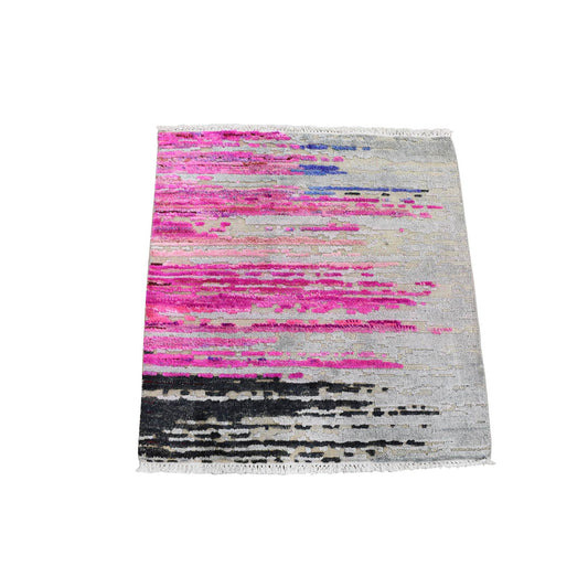 Wool and Silk Wool & Sari Silk Hand Knotted Rug Grey No Border 2.0X2.0 -O059279