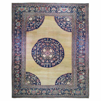 Antique Wool Hand Knotted Rug Yellow Navy Blue 16.3X19.10 -O059286