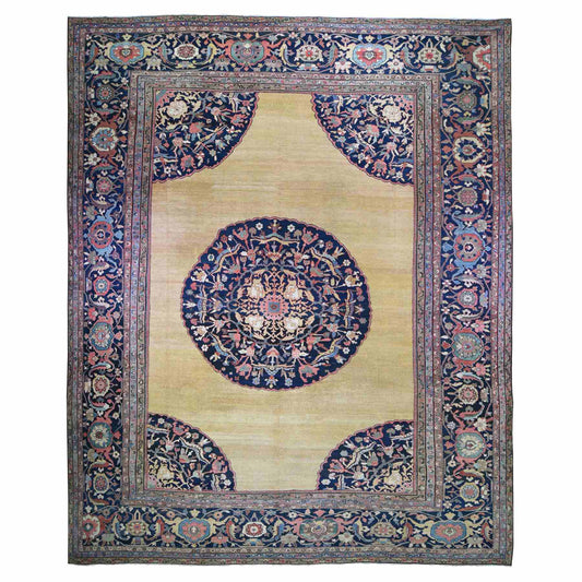Antique Wool Hand Knotted Rug Yellow Navy Blue 16.3X19.10 -O059286