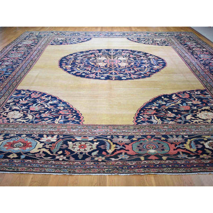 Antique Wool Hand Knotted Rug Yellow Navy Blue 16.3X19.10 -O059286