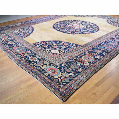 Antique Wool Hand Knotted Rug Yellow Navy Blue 16.3X19.10 -O059286