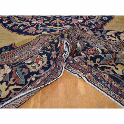 Antique Wool Hand Knotted Rug Yellow Navy Blue 16.3X19.10 -O059286