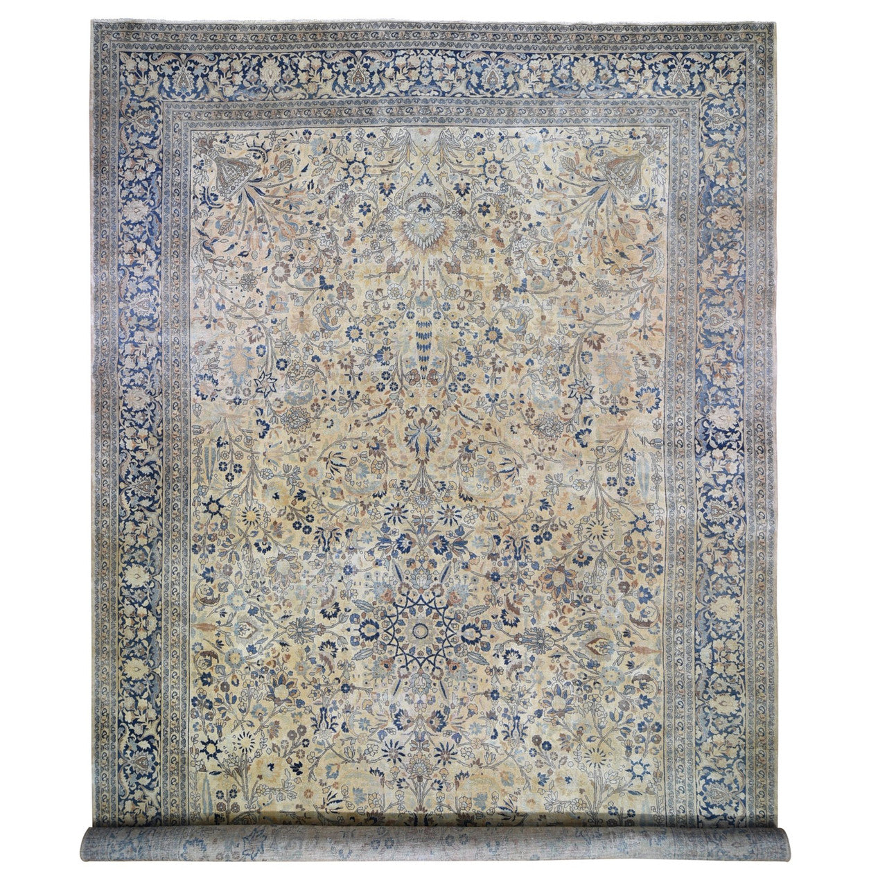 Antique Wool Hand Knotted Rug Ivory Blue 13.7X23.0 -O059305