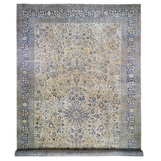 Antique Wool Hand Knotted Rug Ivory Blue 13.7X23.0 -O059305