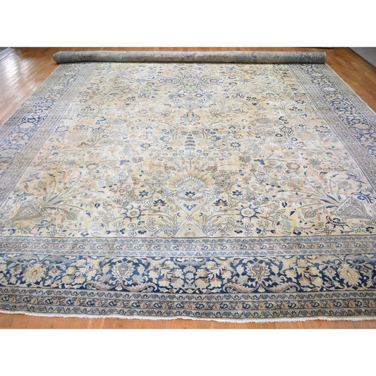 Antique Wool Hand Knotted Rug Ivory Blue 13.7X23.0 -O059305