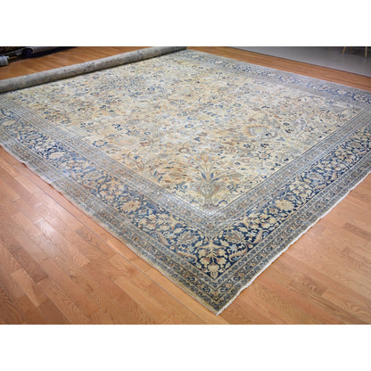 Antique Wool Hand Knotted Rug Ivory Blue 13.7X23.0 -O059305