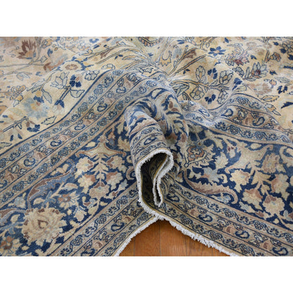 Antique Wool Hand Knotted Rug Ivory Blue 13.7X23.0 -O059305
