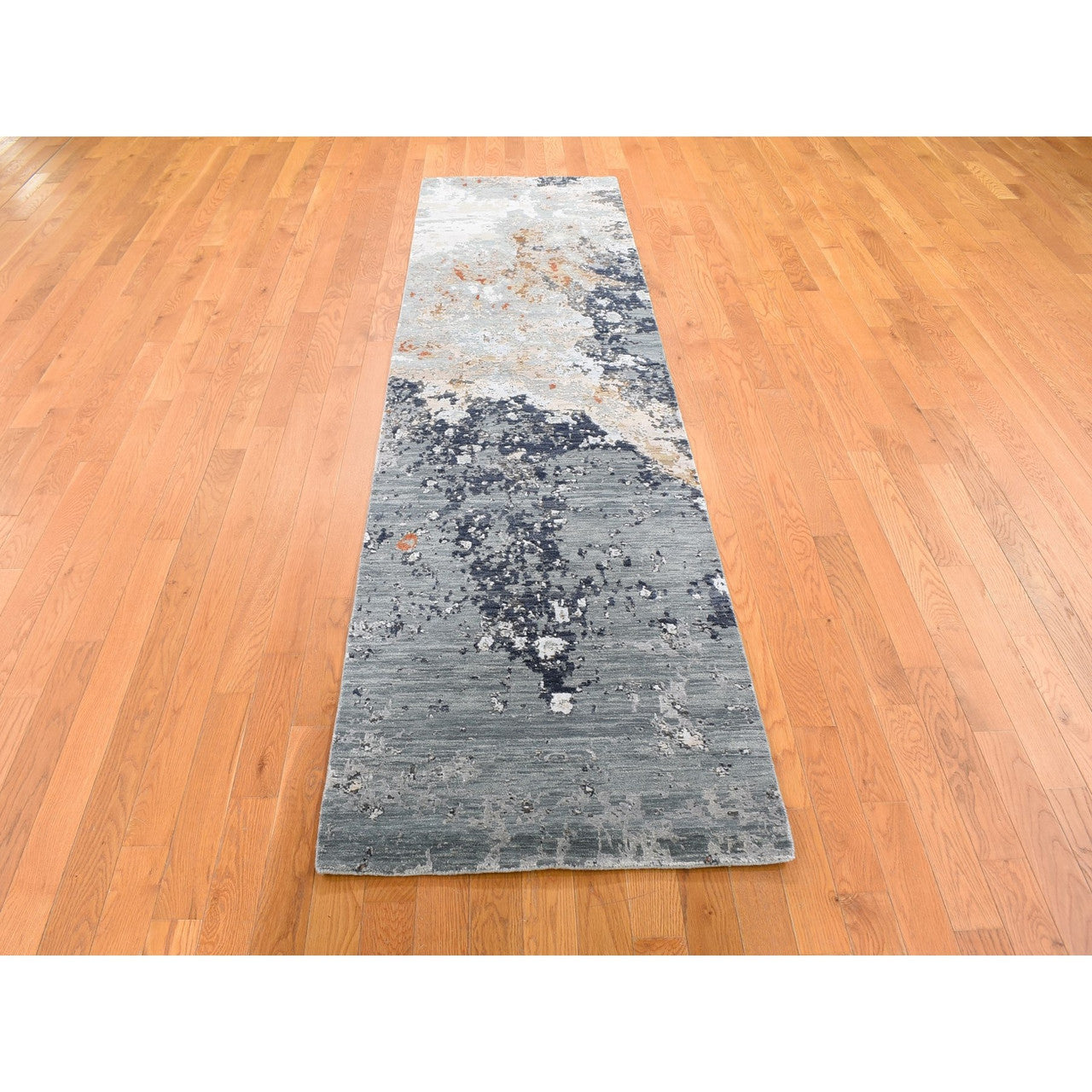 Modern and Contemporary Wool & Silk Hand Knotted Rug Grey Not Border 2.6X10.0 -O059348