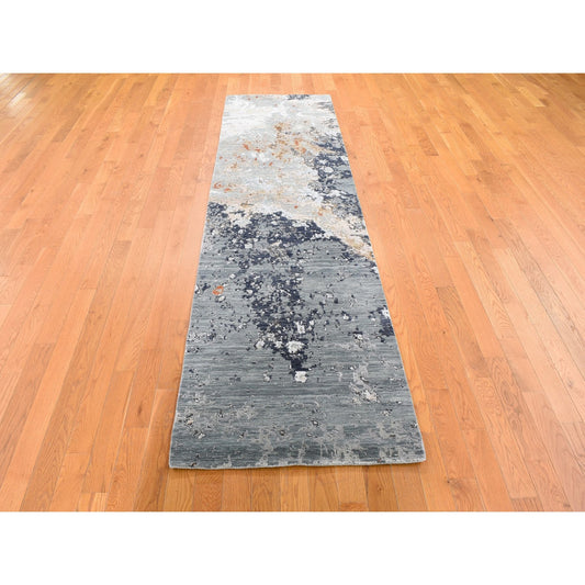 Modern and Contemporary Wool & Silk Hand Knotted Rug Grey Not Border 2.6X10.0 -O059348