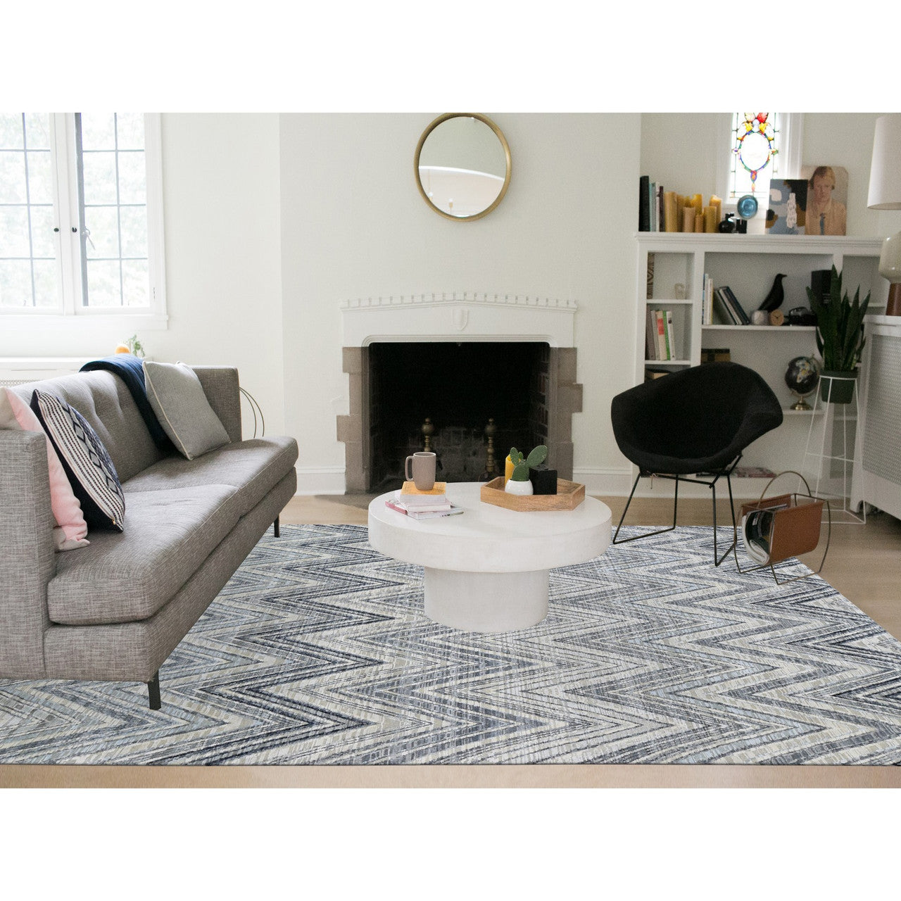 Modern and Contemporary Wool & Silk Hand Knotted Rug Ivory No Border 8.9X12.2 -O059437