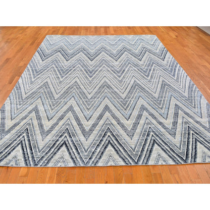Modern and Contemporary Wool & Silk Hand Knotted Rug Ivory No Border 8.9X12.2 -O059437
