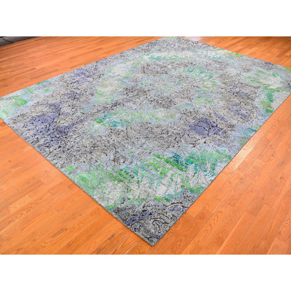 Modern and Contemporary Wool Hand Knotted Rug Green No Border 9.0X12.6 -O059459