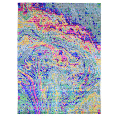 Modern and Contemporary Wool & Sari Silk Hand Knotted Rug Yellow No Border 9.10X13.7 -O059470