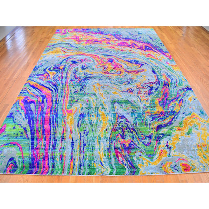 Modern and Contemporary Wool & Sari Silk Hand Knotted Rug Yellow No Border 9.10X13.7 -O059470