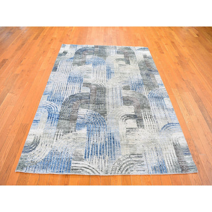 Modern and Contemporary Wool & Silk Hand Knotted Rug Blue No Border 5.1X7.0 -O059481